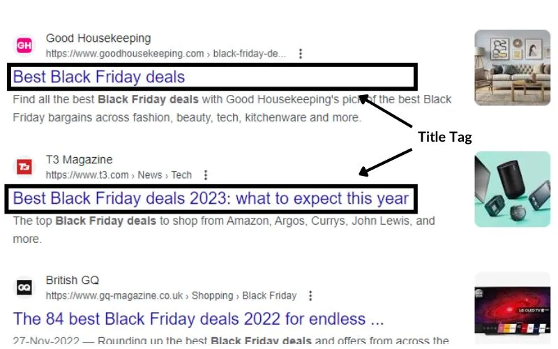 Example of title tags on Google SERP