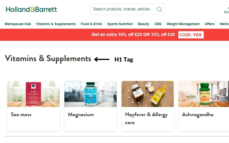 example of H1 tag on ecommerce category page