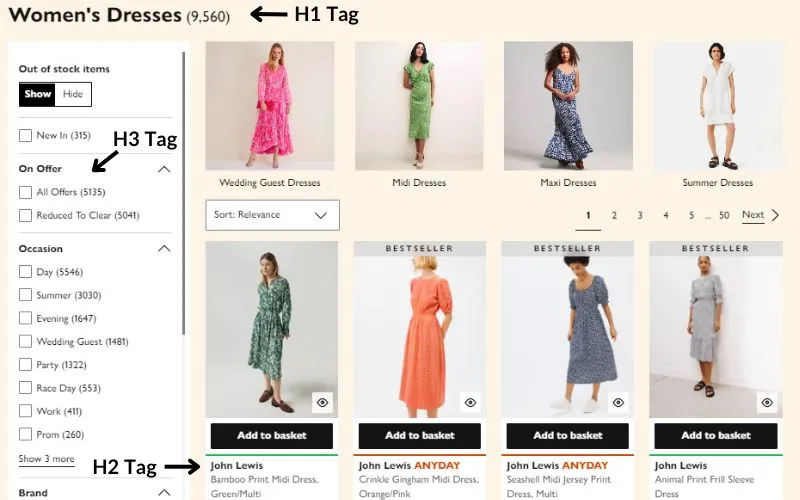 Header tags on ecommerce fashion page