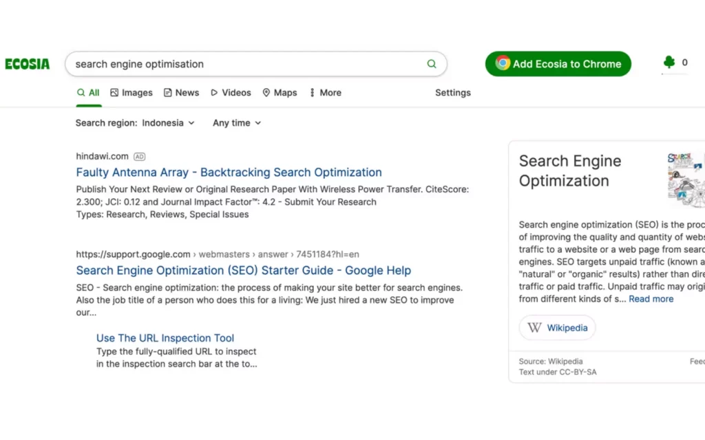 Ecosia search result page
