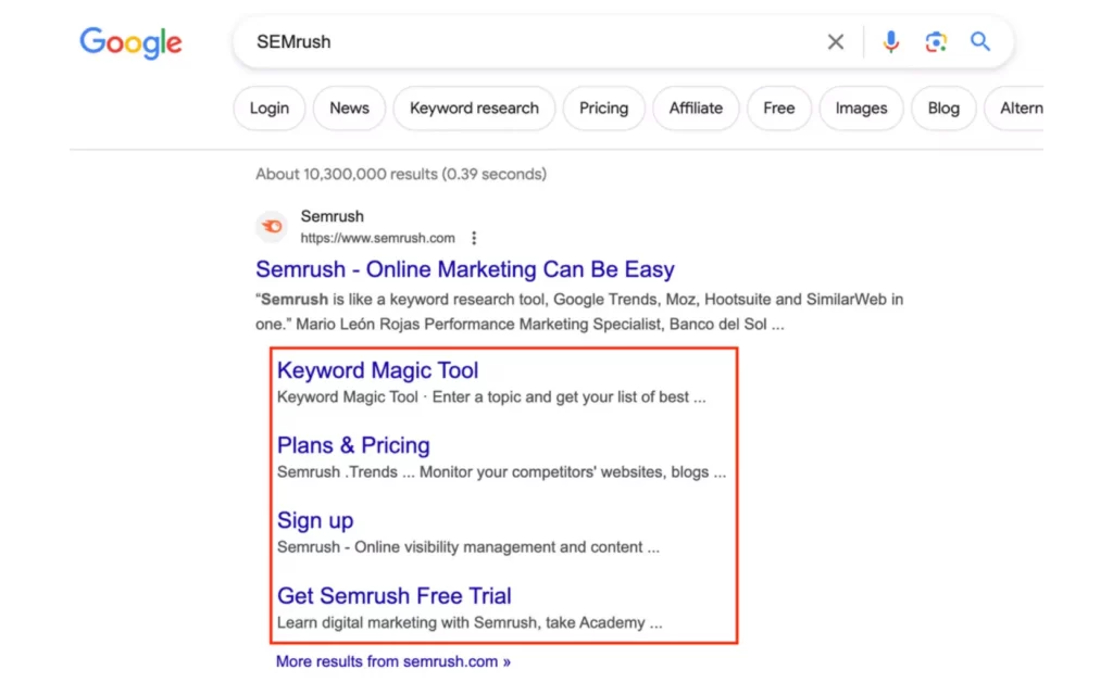 SEMrush sitelinks example on Google search result