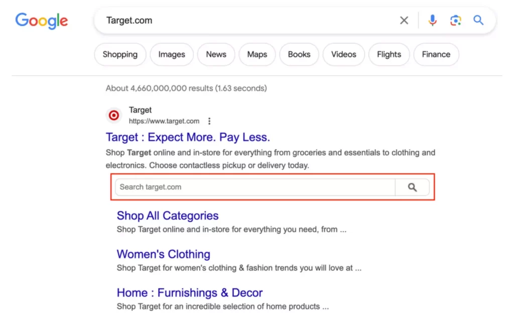 Sitelinks search box example for Target.com