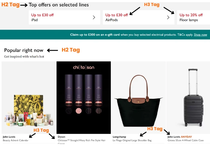 ecommerce site home page header tags example