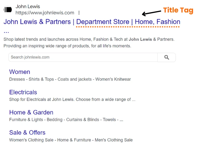 Title tag example on search results page