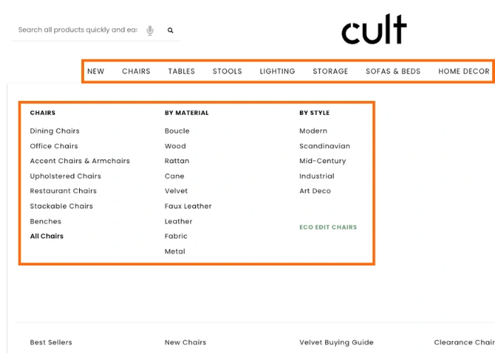 Example of Ecommerce Site Navigation