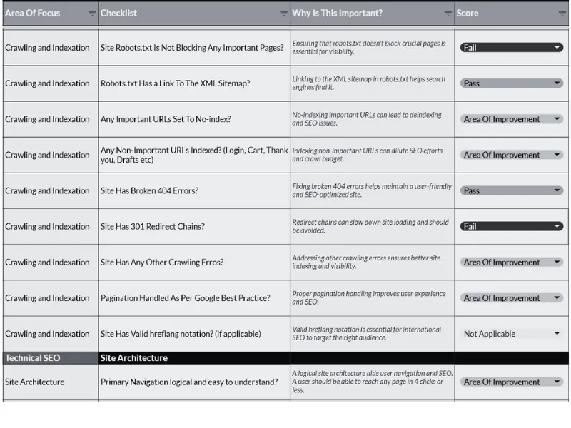 ecommerce SEO Case Study - SEO Audit checklist screenshot