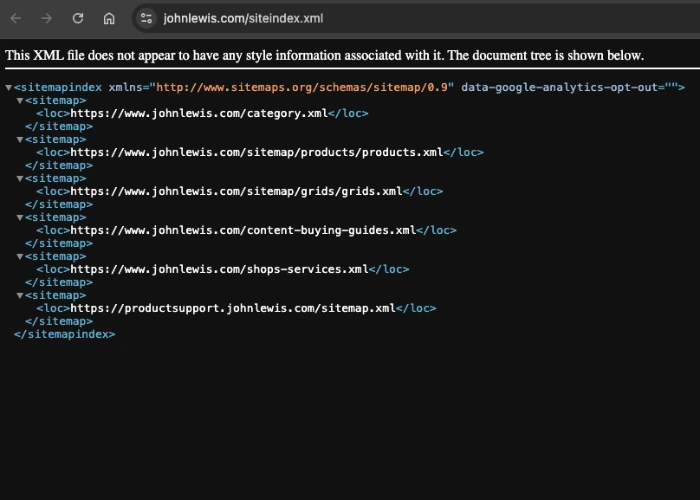 John Lewis Ecommerce Sitemap Index Example