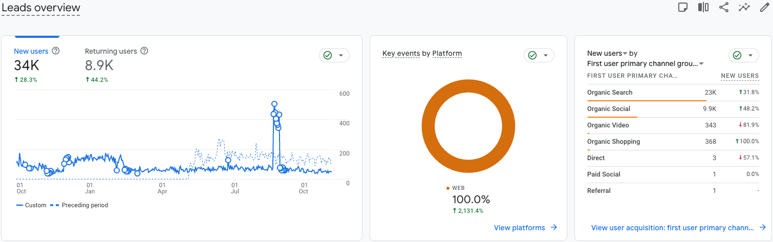 Ecommerce SEO case study - GA4 leads growth overview