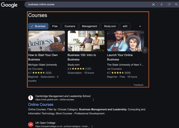 Courses Carousel Rich Results for Online Courses Niche