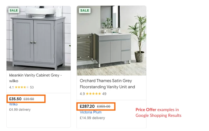 Offer structured data example in Google shopping results