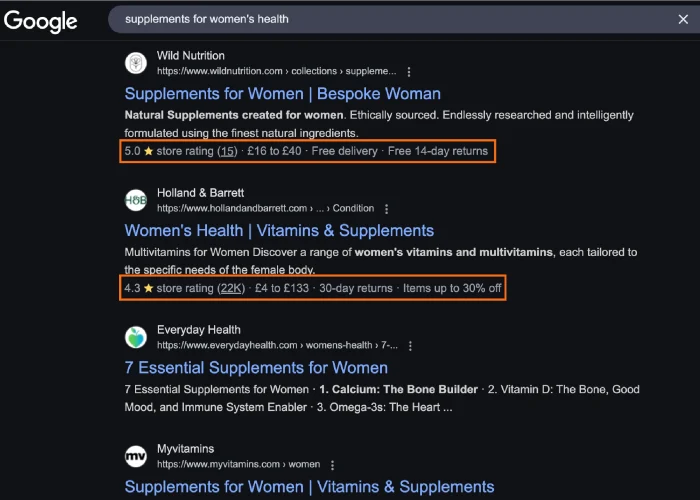 Rich Results for Health Supplements Niche